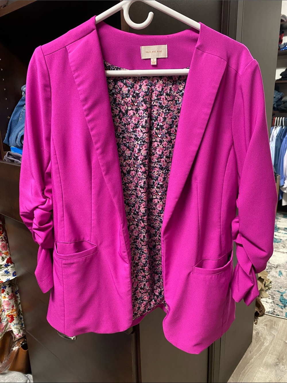 Skies Are Blue Fuchsia Pink Open-Front Blazer with Floral Lining